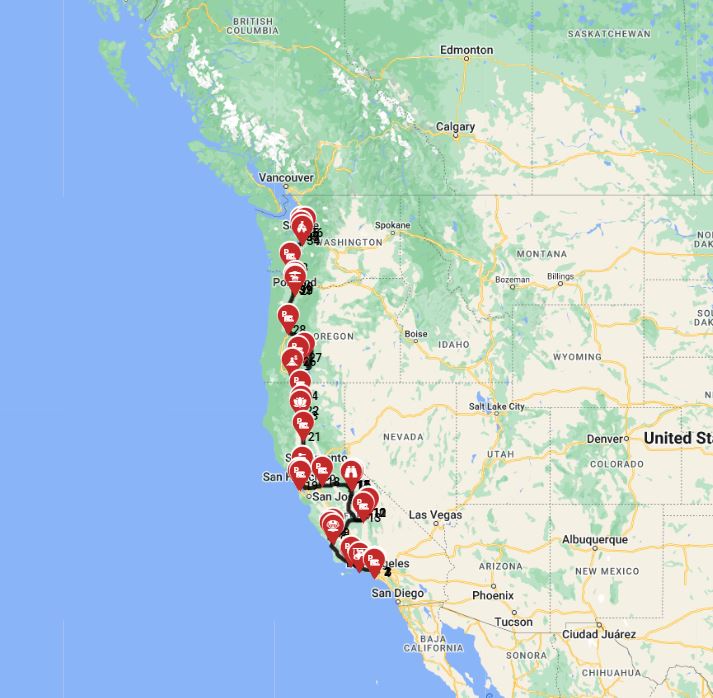 Motorhome route from Los Angeles to Seattle